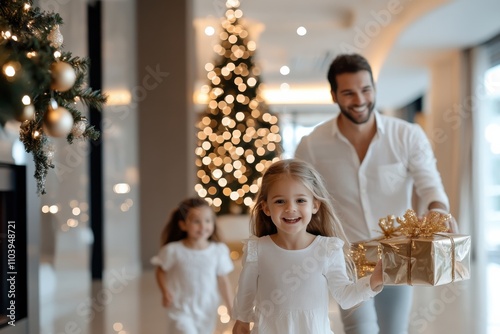 This charming image showcases happy children running toward a decorated Christmas tree, carrying shiny presents, capturing the essence of joy and excitement during the holidays.