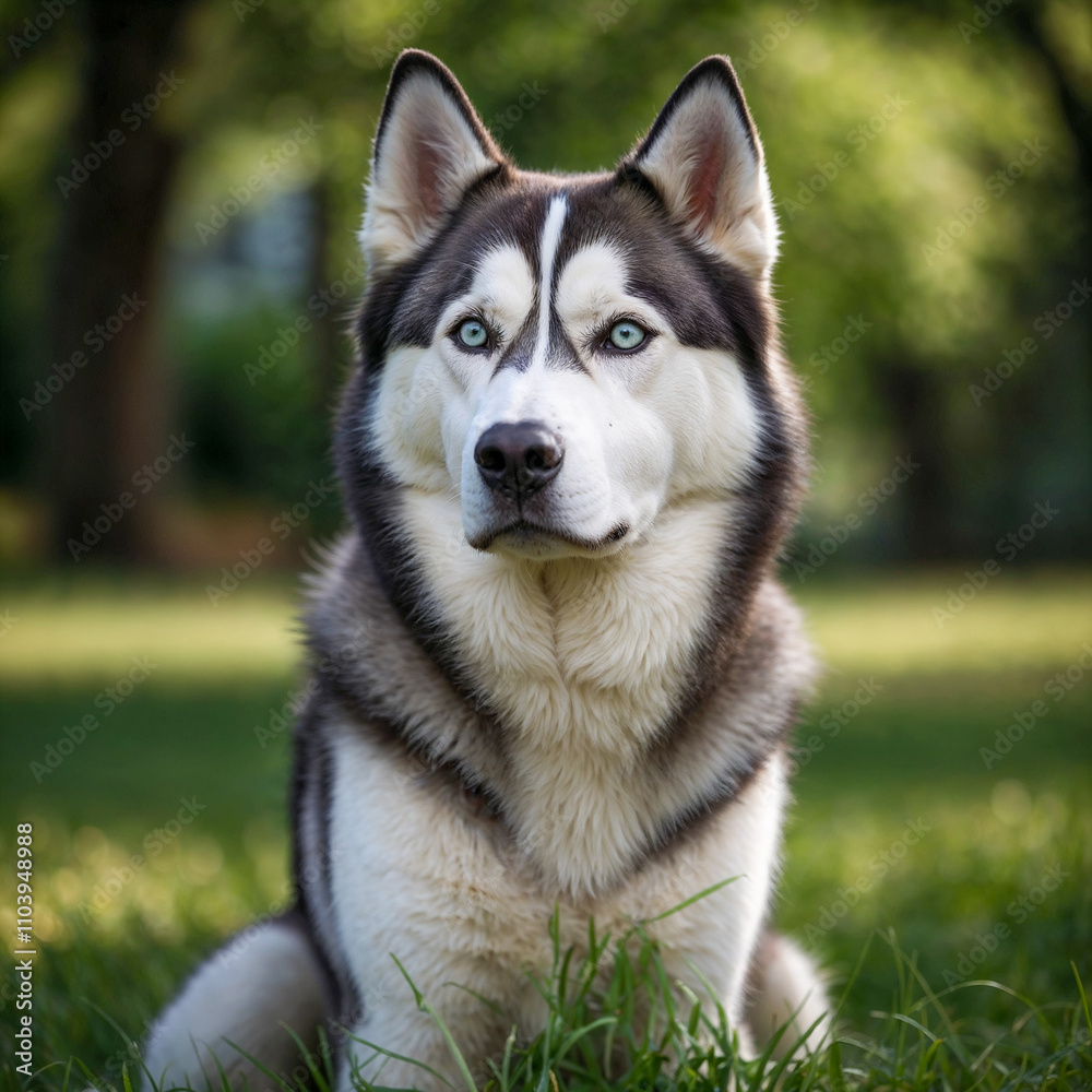 A full-body portrait of a Siberian Husky mother standing proudly on grass, with a blurred green tree background. A full-body portrait of a Siberian Husky mother standing proudly on grass, with a blurred green tree background.
