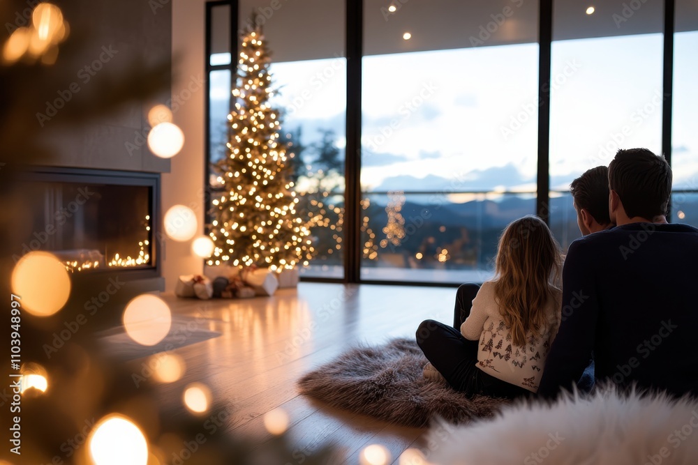 This beautiful image captures a child gazing at a decorated Christmas tree from inside a cozy home, with gifts waiting nearby, evoking feelings of anticipation and warm memories. This beautiful image captures a child gazing at a decorated Christmas tree from inside a cozy home, with gifts waiting nearby, evoking feelings of anticipation and warm memories.