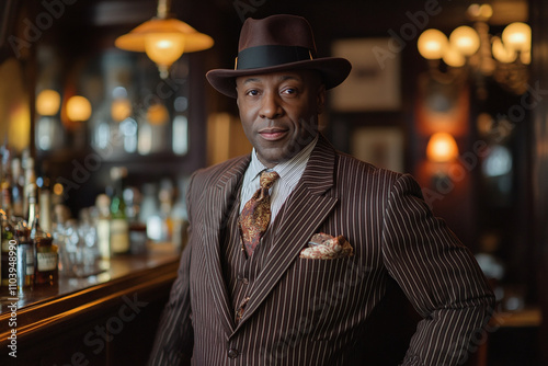 A dapper african american gentleman in pinstripe suit and fedora, vintage speakeasy interior.