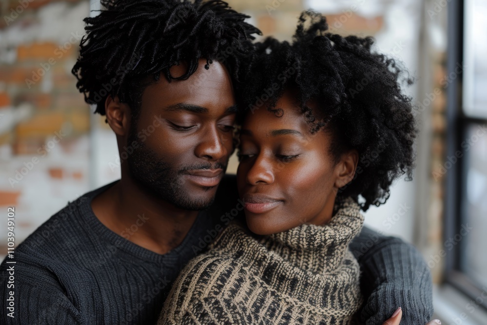Portrait of a blissful afro-american couple in their 30s wearing a cozy sweater in front of empty modern loft background Portrait of a blissful afro-american couple in their 30s wearing a cozy sweater in front of empty modern loft background