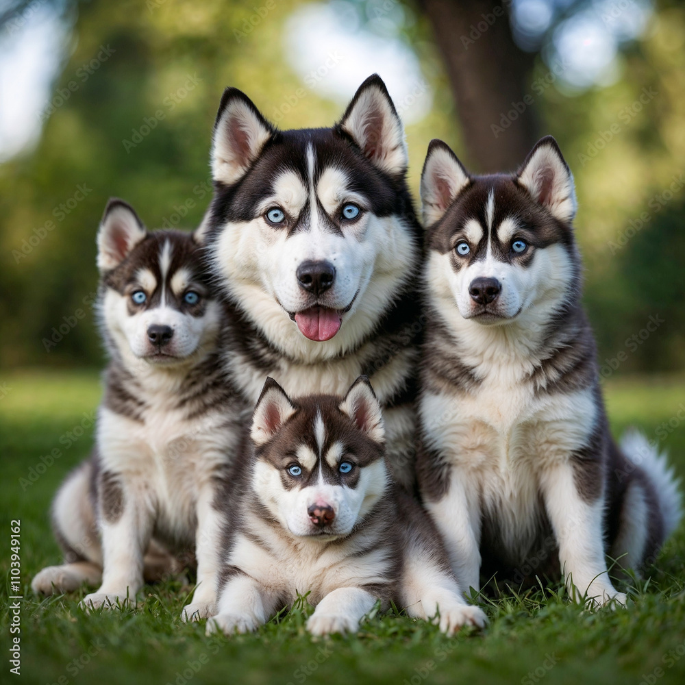 The Siberian Husky family is standing on grass against a blurred background of green trees. The Siberian Husky family is standing on grass against a blurred background of green trees.