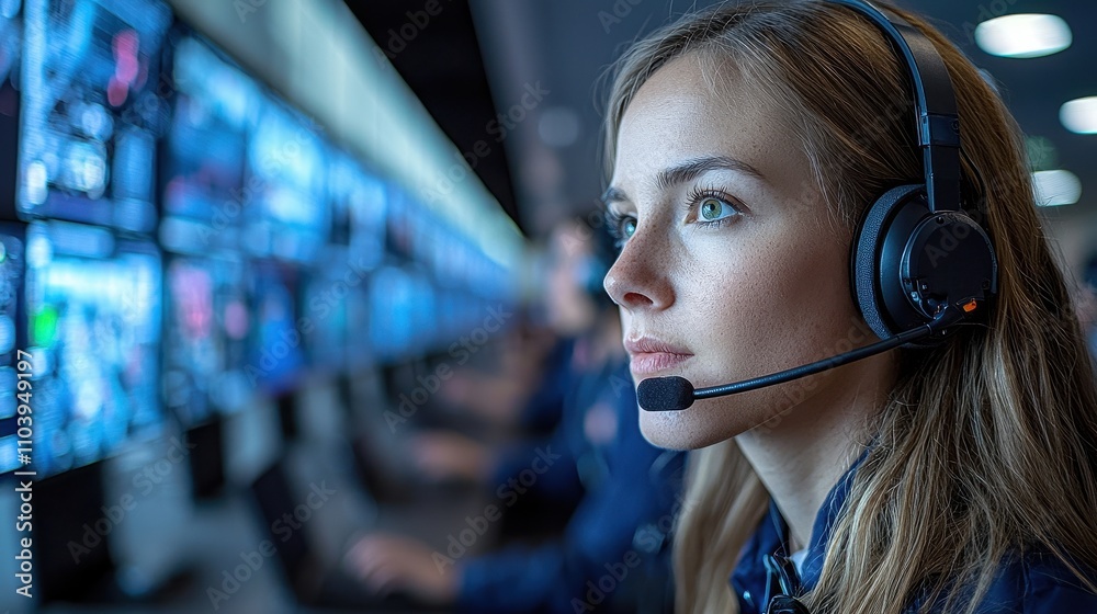 Focused Female Operator in Control Room with Headset and Multiple Screens Displaying Data Focused Female Operator in Control Room with Headset and Multiple Screens Displaying Data