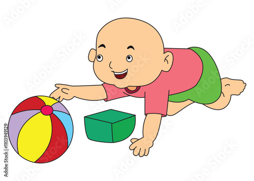 Cartoon baby boy in a playing with a colorful ball