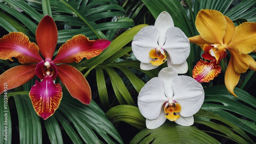 Fototapeta premium An exotic tropical jungle scene with towering palm leaves and colorful orchids, capturing the essence of springtime renewal 