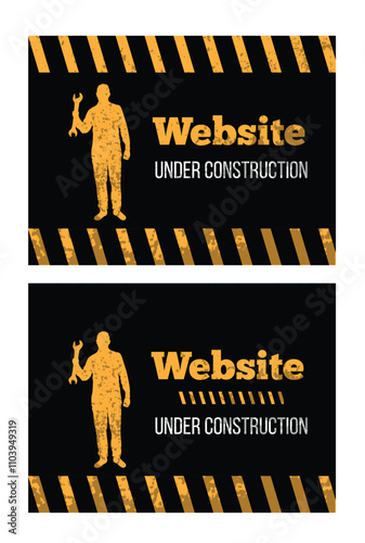 Website Under Construction Grunge Page with Worker Holding a Wrench. Web repair works warning vector art