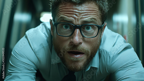 businessman appears shocked and distressed, crawling in narrow hallway, wearing glasses and formal shirt photo