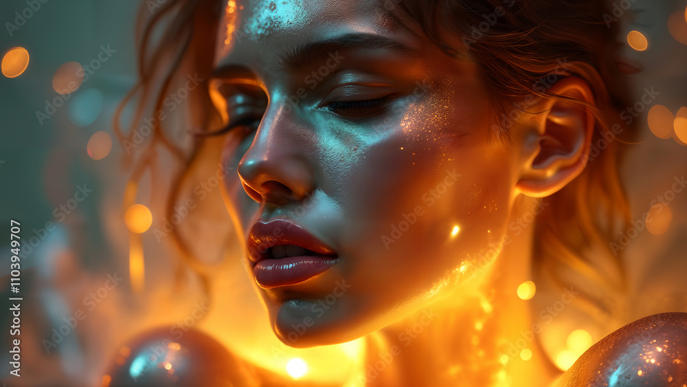 Fototapeta premium Surreal Woman with Glowing Metal Skin