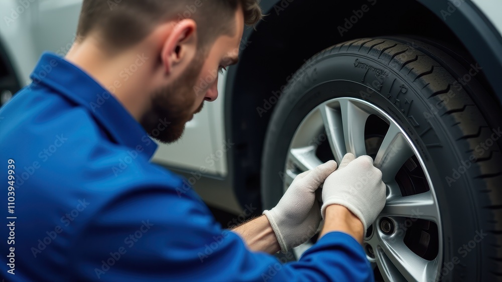 Screws and bolts for car modifications. Mechanic in blue uniform expertly adjusts car's tire with gloved hands in a garage setting, focusing on precision and safety. Screws and bolts for car modifications. Mechanic in blue uniform expertly adjusts car's tire with gloved hands in a garage setting, focusing on precision and safety.