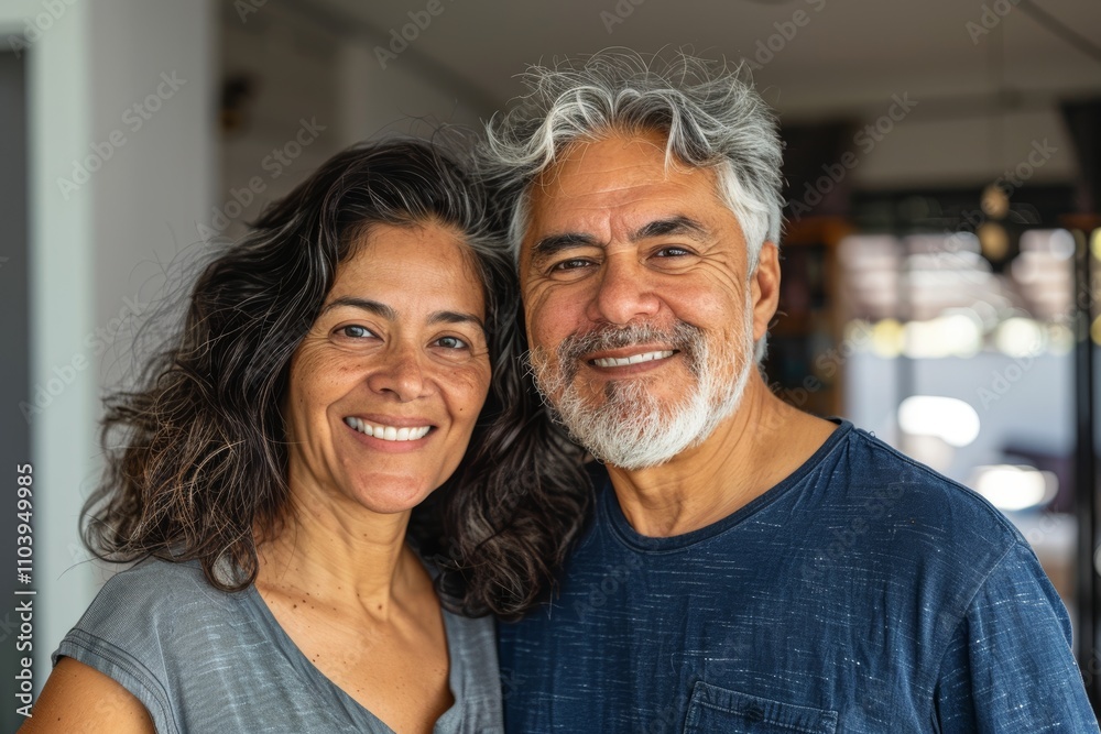 Portrait of a cheerful latino couple in their 50s sporting a breathable hiking shirt on empty modern loft background Portrait of a cheerful latino couple in their 50s sporting a breathable hiking shirt on empty modern loft background