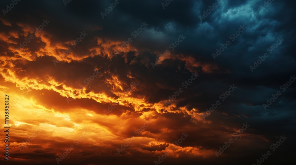 Fototapeta premium Dramatic sunset clouds mixed with dark stormy skies during evening hours