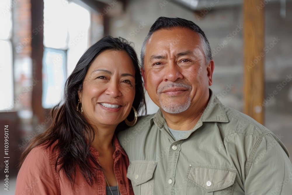 Portrait of a cheerful latino couple in their 50s sporting a breathable hiking shirt in front of empty modern loft background