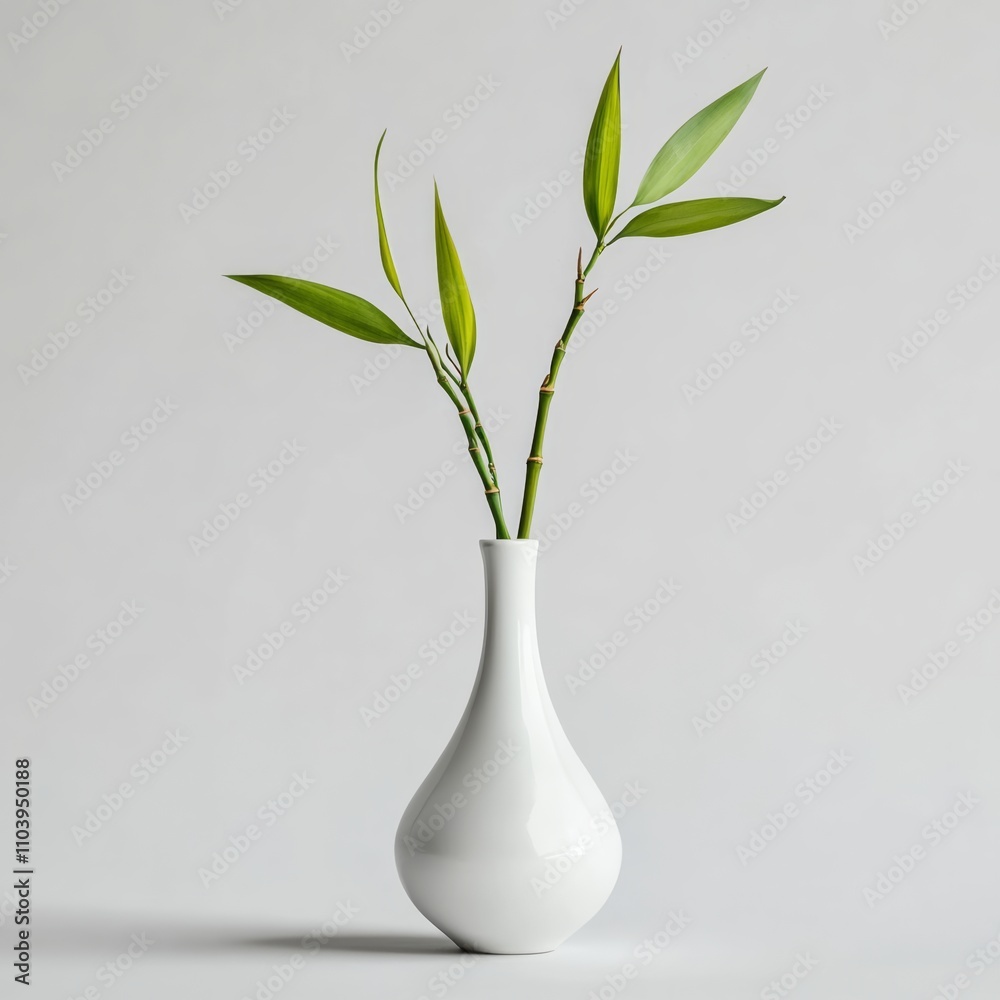 A single white ceramic vase with fresh green bamboo shoots, isolated on a smooth light gray background A single white ceramic vase with fresh green bamboo shoots, isolated on a smooth light gray background