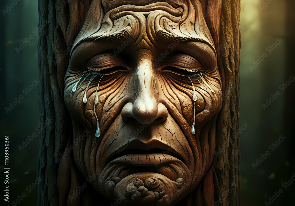 Crying Cry Sad Face in Tree Trunk Bark, Close up Vibrant Wood, Wooden Grain Details, Eyes, Mouth, Zoomed in Nature Illustration Crying Cry Sad Face in Tree Trunk Bark, Close up Vibrant Wood, Wooden Grain Details, Eyes, Mouth, Zoomed in Nature Illustration