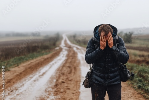 A man stands alone in a rainy landscape, covering his face with hands, expressing deep frustration and emotional hardships during a solitary moment in nature. photo