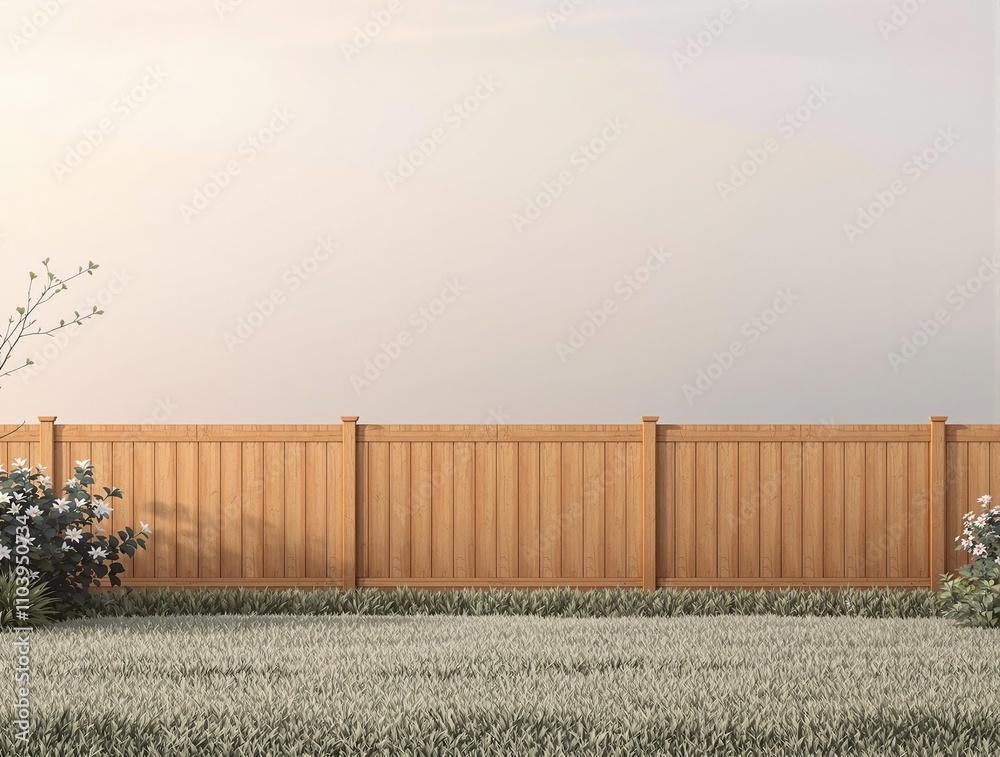 Fototapeta premium Beautiful wooden garden fence painted in medium oak tone for aesthetics, landscaping, backyard decor, natural wood, elegant