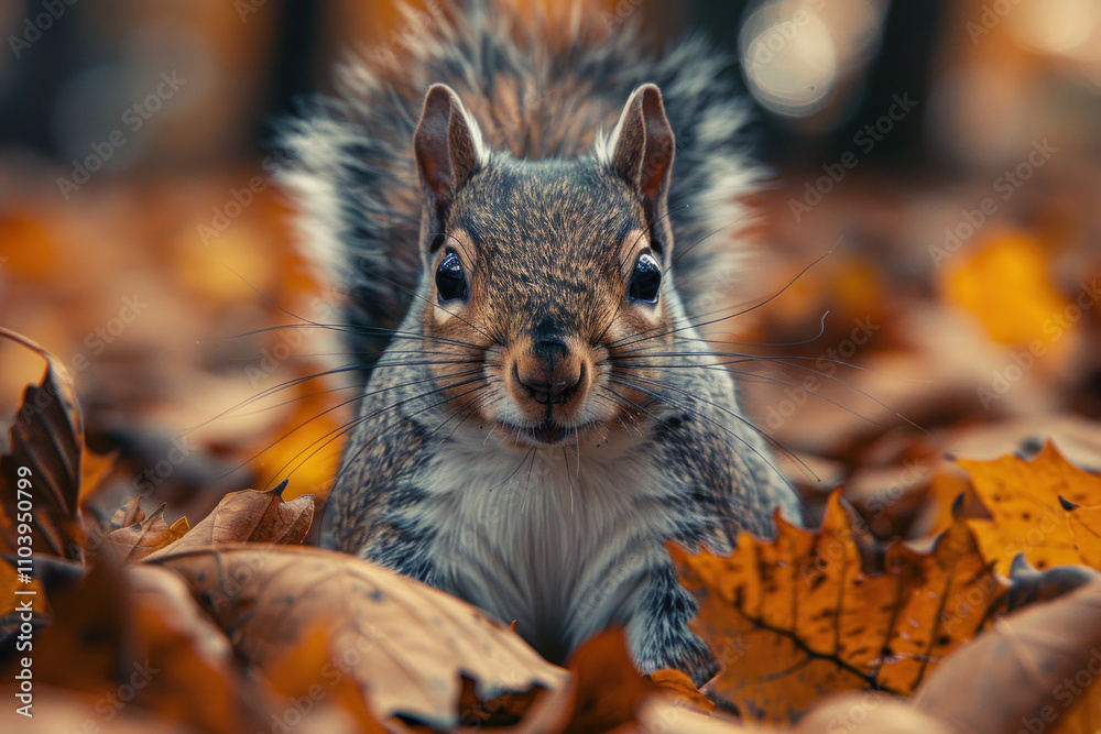 squirrel in the autumn forest, among the fallen orange leaves. The squirrel looks to the side, its dark eyes expressing attention and curiosity. squirrel in the autumn forest, among the fallen orange leaves. The squirrel looks to the side, its dark eyes expressing attention and curiosity.