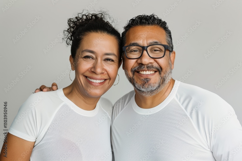 Portrait of a cheerful latino couple in their 30s sporting a breathable mesh jersey over plain white digital canvas Portrait of a cheerful latino couple in their 30s sporting a breathable mesh jersey over plain white digital canvas