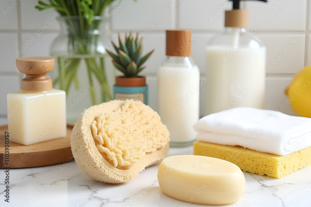 Detailed image of eco-friendly cleaning products, including a natural sponge and homemade soap, on a marble countertop Detailed image of eco-friendly cleaning products, including a natural sponge and homemade soap, on a marble countertop