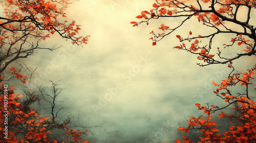 serene autumn landscape featuring branches with orange leaves against soft, muted background. peaceful scene evokes sense of tranquility and reflection