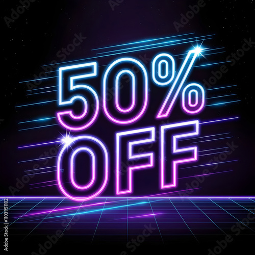 Glowing Neon '50% OFF' with Retro Grid and Starry Vibes photo