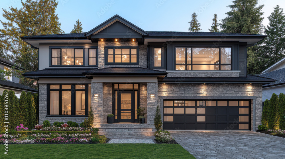 Modern house exterior with stone and wood accents, landscaped garden, and driveway. elegant design features large windows and welcoming entrance Modern house exterior with stone and wood accents, landscaped garden, and driveway. elegant design features large windows and welcoming entrance
