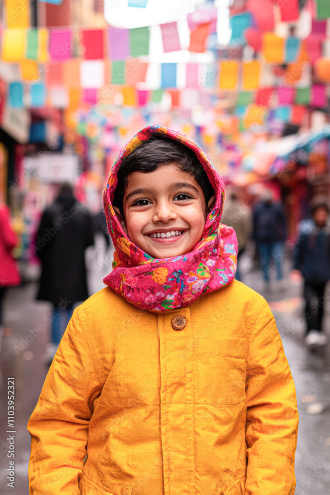Celebration of culture joyful child in colorful street festival Celebration of culture joyful child in colorful street festival