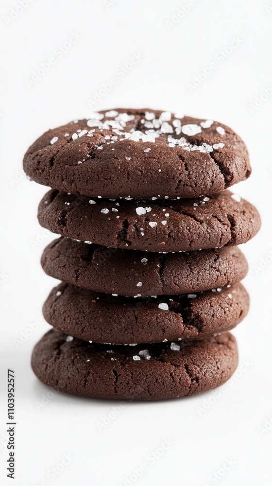 Indulge in dark chocolate sea salt cookies stacked high on a clean white background Indulge in dark chocolate sea salt cookies stacked high on a clean white background