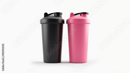 Wallpaper Mural Protein powder for muscle gain. Two shaker bottles in black and pink are placed side by side on a white background. Their lids are closed for storage or transport. Torontodigital.ca