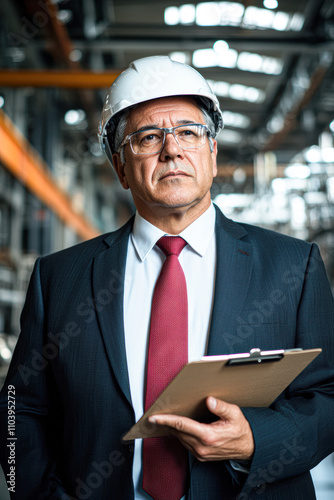 Industry leader assessing operations manufacturing facility portrait indoor professional insight