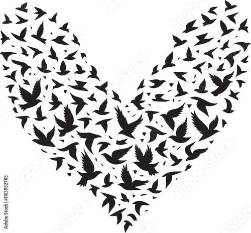 Heart-shaped design filled with flying birds. A striking black and white graphic design of a heart shape formed by numerous silhouettes of birds in flight.