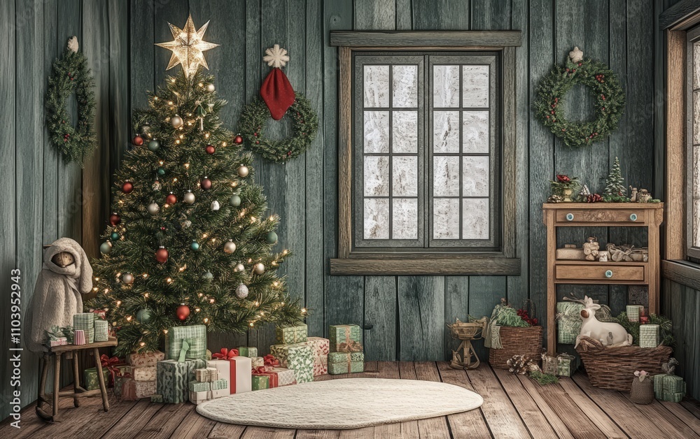 classic cozy room christmass tree with decorations toys and lights 