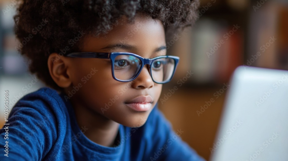Close-up of a young child wearing glasses and focusing on a screen Close-up of a young child wearing glasses and focusing on a screen