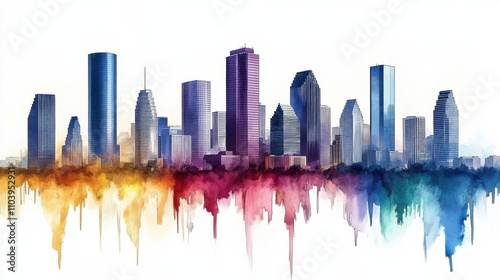 vibrant watercolor depiction of Houston skyline showcasing modern architecture and colorful splashes. artwork captures essence of urban life in Texas
