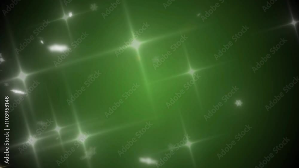 Étoiles de neige blanches en mouvement suspendu sur fond vert, effet de particules scintillantes pour célébrations festives et ambiance hivernale espace négatif copyspace - Noël nouvel an St Patrick