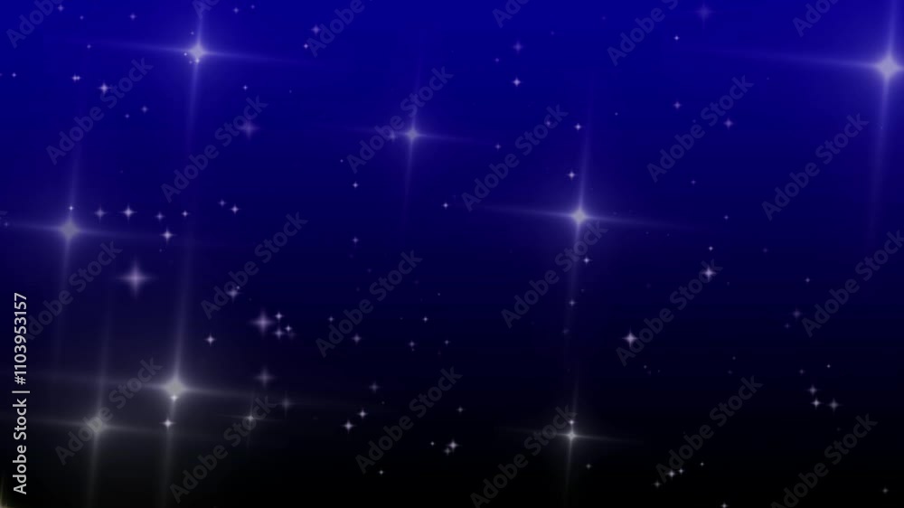 Scintillements et particules en forme d'étoiles sur fond bleu nuit, ambiance magique et féerique pour célébrations et événements festifs espace négatif copyspace. - Noël, nouvel an, anniversaire