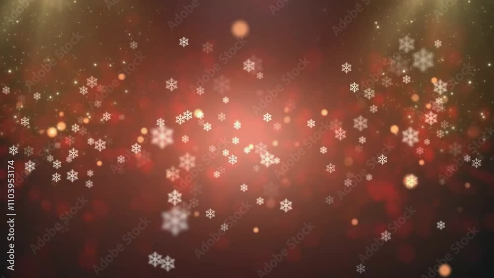 Étoiles de neige blanches suspendues en mouvement sur fond rouge lumineux, ambiance festive et hivernale - célébrations de Noël et fêtes de fin d'année décembre.