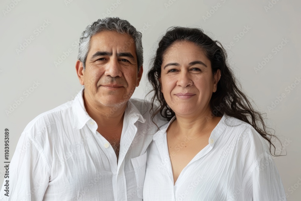 Portrait of a satisfied latino couple in their 50s wearing a simple cotton shirt on plain white digital canvas Portrait of a satisfied latino couple in their 50s wearing a simple cotton shirt on plain white digital canvas