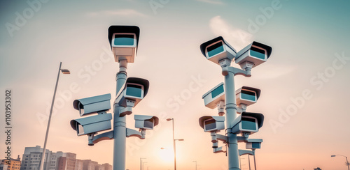 Camera surveillance system live monitoring. City street security, motion and face identity detection