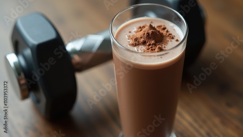 Protein powder for muscle gain. A jar of chocolate protein shake sits on a wooden table beside a dumbbell, with protein powder sprinkled on top of the jar.