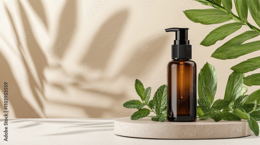 A sleek amber bottle with a black pump is elegantly positioned on a white round pedestal. Fresh mint leaves accompany it on a soft beige background, creating a soothing atmosphere A sleek amber bottle with a black pump is elegantly positioned on a white round pedestal. Fresh mint leaves accompany it on a soft beige background, creating a soothing atmosphere