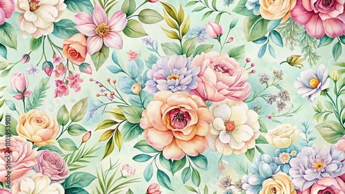 Vintage Pastel Floral Watercolor Pattern for Spring Elegance, Ideal for Graphic Design, Interior Decor, Packaging, and Poster Backgrounds