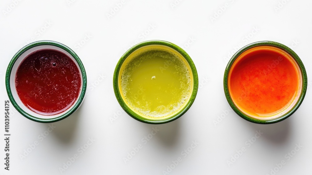 Vibrant vegetable soups in different colors: green, red, and orange, served in bowls on a clean white background.