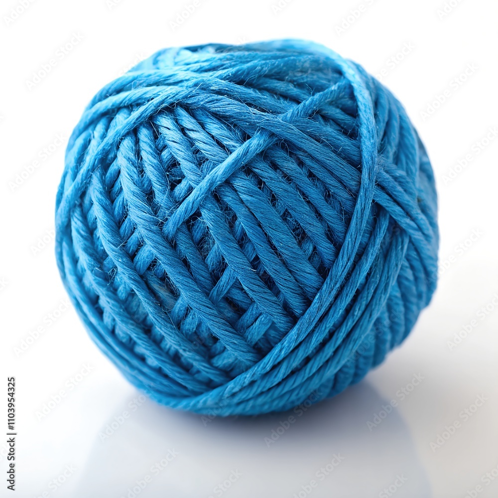 A vibrant blue ball of twine resting on a smooth white surface, showcasing tightly woven fibers and a bright, lively hue. A vibrant blue ball of twine resting on a smooth white surface, showcasing tightly woven fibers and a bright, lively hue.