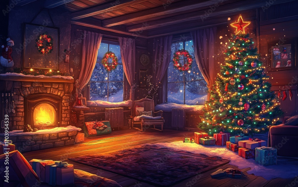 modern cozy room christmass tree with decorations toys and lights modern cozy room christmass tree with decorations toys and lights