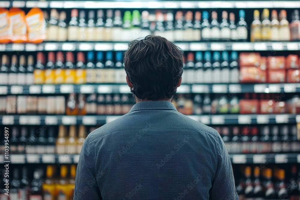Man from behind contemplating his choice of wine or beer in a supermarket aisle setting Man from behind contemplating his choice of wine or beer in a supermarket aisle setting