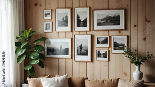 Family gallery walls. A cozy room with a wooden wall displays black-and-white photos in frames. A plant and cushions add warmth and comfort.