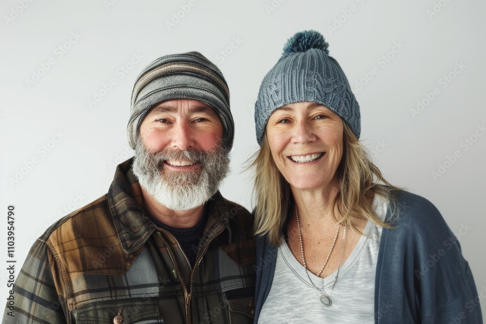 Portrait of a smiling caucasian couple in their 60s sporting a trendy beanie in front of plain white digital canvas Portrait of a smiling caucasian couple in their 60s sporting a trendy beanie in front of plain white digital canvas
