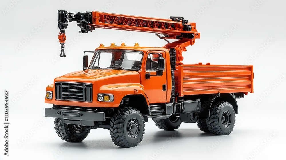 Bright Orange Truck with Crane Attachment in a Clean Studio Setting Bright Orange Truck with Crane Attachment in a Clean Studio Setting