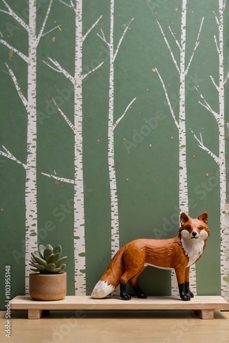 Hand-Painted Wooden Fox Miniature Sculpture in a Tranquil Nature-Inspired Forest Backdrop with Birch Trees, Green Wall, and Soothing Décor for Home or Social Media Designs, nature, woodland, forest